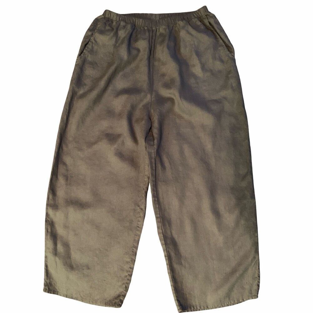 Flax Wide Leg Relaxed 100% Linen Trousers Grey Size Medium Pants Lightweight